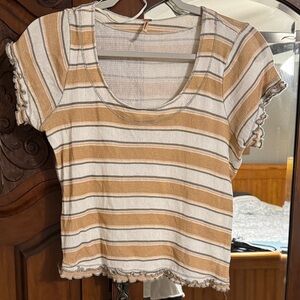 Free People Tan and White Striped Short Sleeve Top
